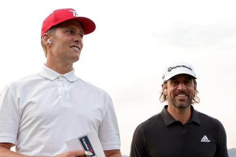 BIG SKY, MONTANA - JULY 06: Tom Brady (L) and Aaron Rodgers walk across the course during Capital One's The Match at The Reserve at Moonlight Basin on July 06, 2021 in Big Sky, Montana. (Photo by Stacy Revere/Getty Images for The Match)